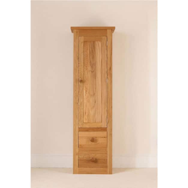 quercus solid oak cabinet tall boy with panelled door and drawers