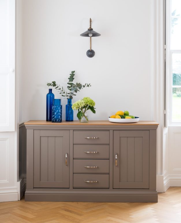Lusso grey painted dining room furniture large painted sideboard with oak tops