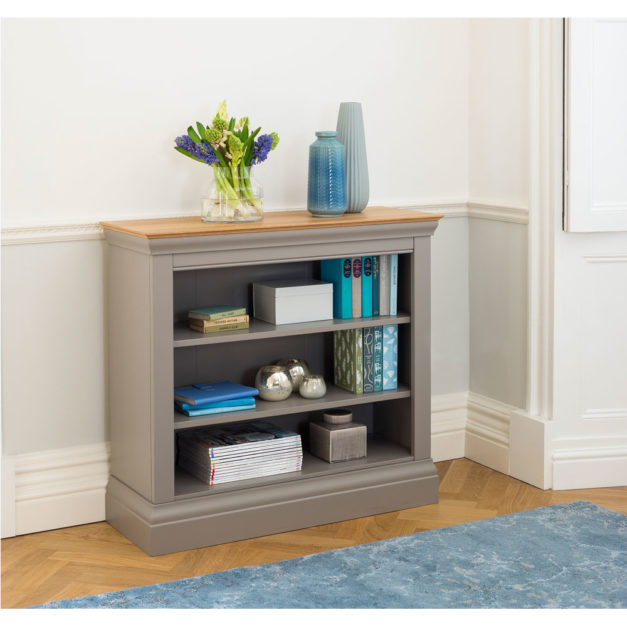 Lusso grey painted bookcase with oak tops