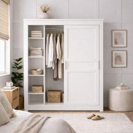 Zante Customisable 1.8m Painted sliding door wardrobe with 1/4 shelving Con-Tempo Furniture