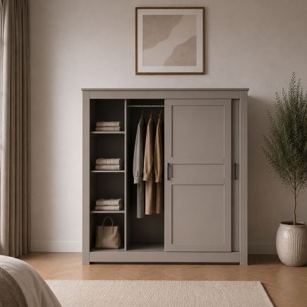 Zante Customisable Painted sliding door wardrobe with 1/4 shelving 1.8m Con-Tempo Furniture