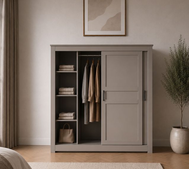 Zante Customisable Painted sliding door wardrobe with 1/4 shelving 1.8m Con-Tempo Furniture